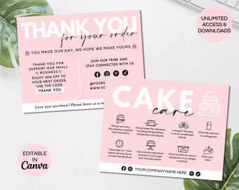 Cake Care Card, Printable Cake Instructions Guide, Editable Bakery Business Canva Template