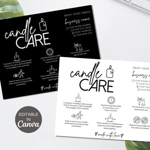 Editable Candle Care Card Template Canva, Printable Candle Safety Cards, Candles Care Guide, Black & White Candle Warning Card. TDS-05