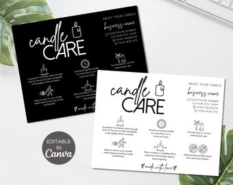 Editable Candle Care Card Template Canva, Printable Candle Safety Cards, Candles Care Guide, Black & White Candle Warning Card. TDS-05