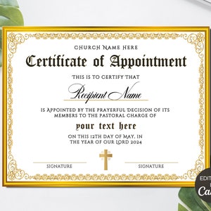 Editable Appointment Certificate, Printable Bishop Pastor Appointed Certificate, Church Certificates, DIY Religious Canva Template. TDS-10