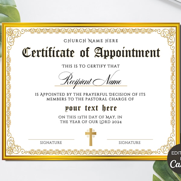 Editable Appointment Certificate, Printable Bishop Pastor Appointed Certificate, Church Certificates, DIY Religious Canva Template. TDS-10