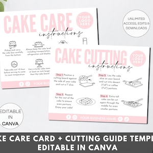 ケーキケアカード Canva テンプレート、編集可能なケーキカットガイドカード、印刷可能なケーキビジネス挿入カード、ケーキ注文パッケージ挿入物。TDS-05