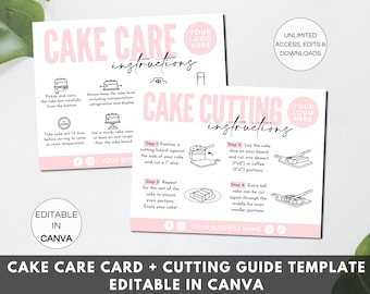 Cake Care Card Canva Template, Editable Cake Cutting Instructions Cards, Printable Bakery Business Inserts