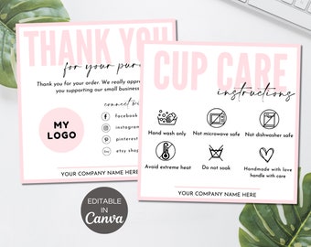 Editable Cup Care Card Template, Printable Tumbler Care Instructions Card, Cup Small Business Packaging Insert, Canva Template. TDS-05