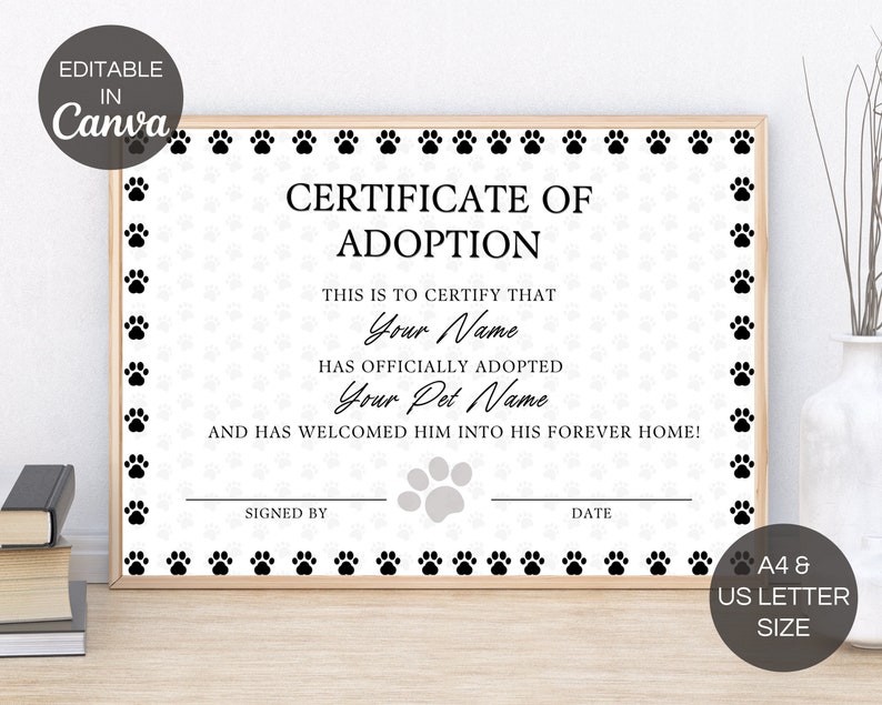 Editable Certificate Of Adoption Template, Printable Pet Adoption Party Certificate Template, Gotcha Day Certificate, Canva Template. TDS-09 image 4