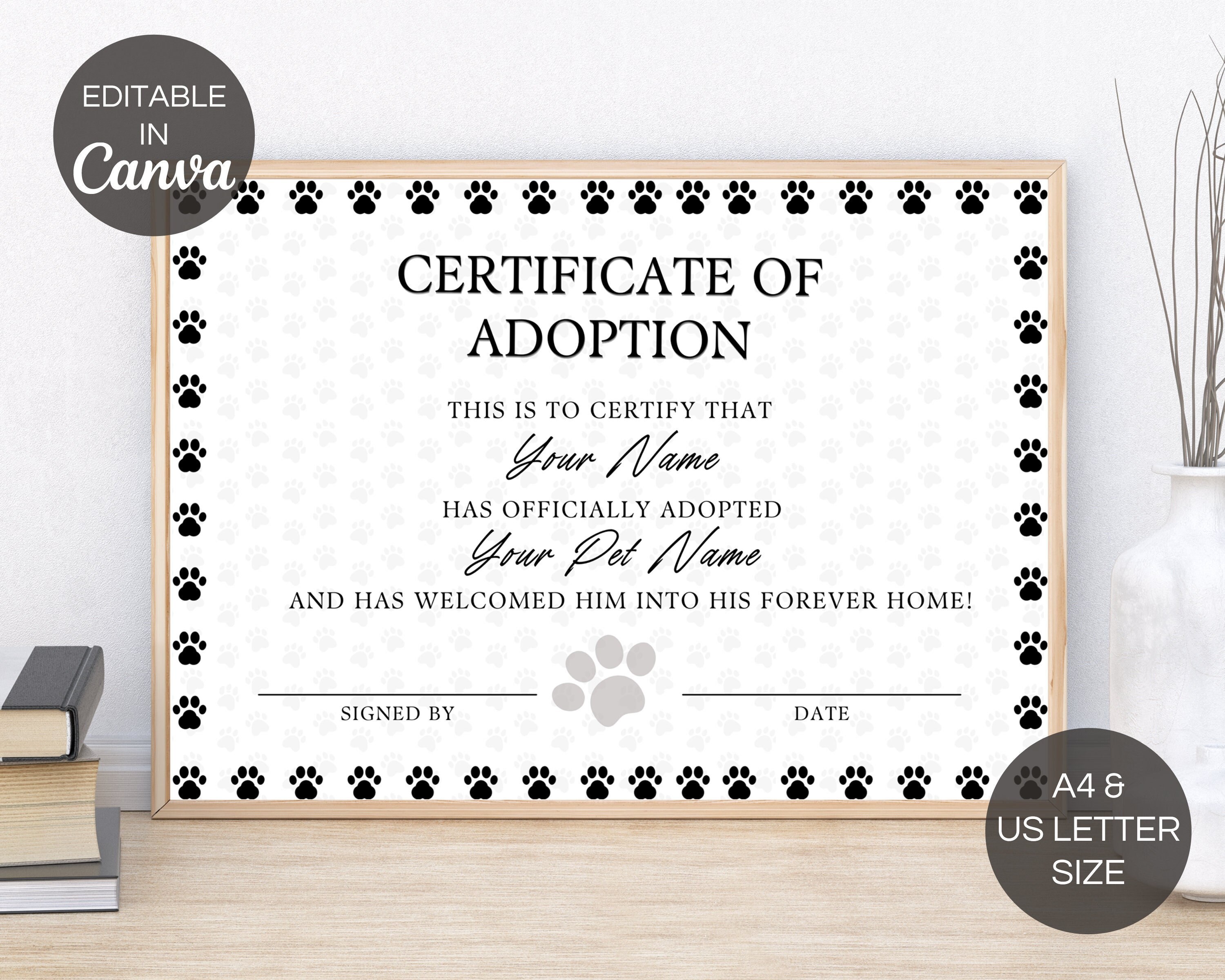 Editable Certificate of Adoption Template Printable Pet Etsy UK