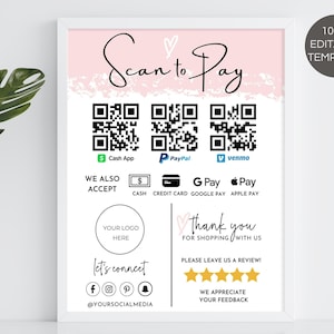 Editable QR Code Sign Template, Printable Scan To Pay Sign, Small Business Custom QR Code Sign, Instant Download Canva Payment Sign. TDS-02