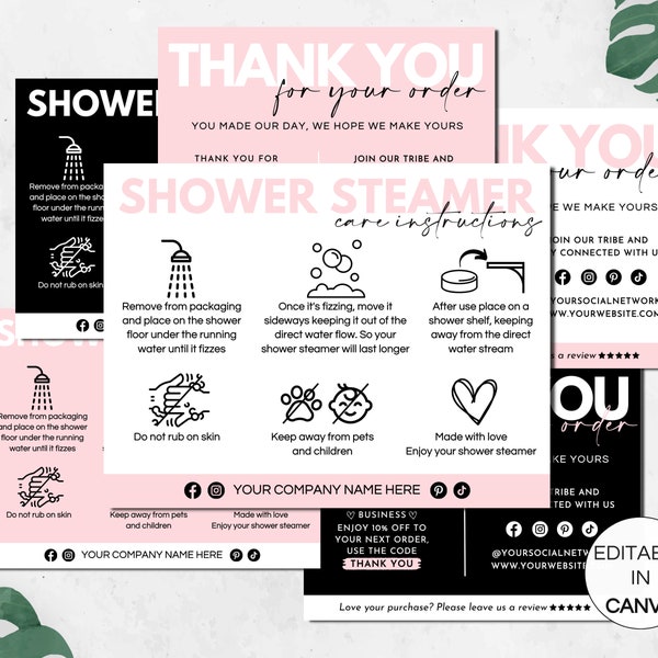 Shower Steamer Care Card Template, Editable Shower Fizzer Care Instructions, Printable Small Business Thank You Cards Order Inserts. TDS-05