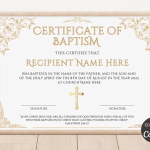 Certificado de bautismo editable, plantilla de certificado de bautismo imprimible, plantilla de bautismo de bebé, recuerdo de bautismo de Canva. TDS-10