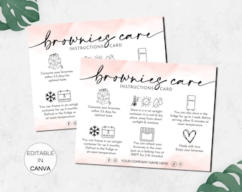 Brownies Care Card Template, Editable Brownie Care Instructions, Brownies Order Insert, Printable Bakery Care Card Canva Template. TDS-05