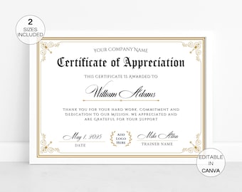 Editable Certificate Of Appreciation, Printable Appreciation Certificates, Custom Canva Template