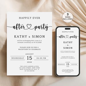May include: A wedding invitation and a smartphone displaying the same design. The invitation reads "Happily Ever After Party" with the names Kathy & Simon, date, time, and location. The design includes a heart symbol.