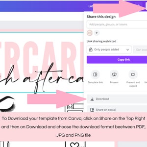 Puede incluir: Una plantilla digital para el cuidado posterior de pesta&ntilde;as, con el texto "Lash Aftercare" en fuente cursiva. La imagen incluye instrucciones sobre c&oacute;mo descargar la plantilla de Canva, con opciones para archivos PDF, JPG y PNG.