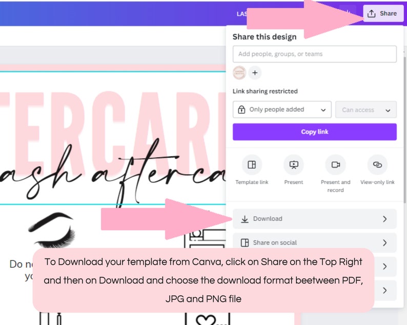 Puede incluir: Una plantilla digital para el cuidado posterior de pesta&ntilde;as, con el texto "Lash Aftercare" en fuente cursiva. La imagen incluye instrucciones sobre c&oacute;mo descargar la plantilla de Canva, con opciones para archivos PDF, JPG y PNG.