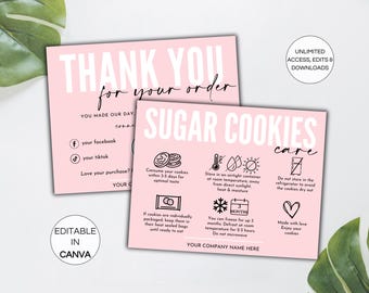 Zuckerkekse Pflegekarte Canva Vorlage, bearbeitbare Kekspflegeanleitung, druckbare Bäckerei-Visitenkarte, Keksbestellkarte. TDS-05