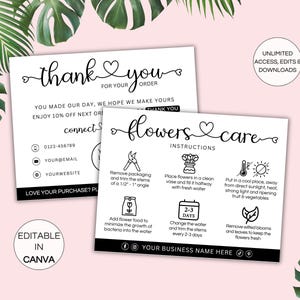 Modèle de carte d'entretien des fleurs, instructions d'entretien du bouquet modifiables, guide d'entretien des fleurs imprimable, modèle de toile de cartes d'entretien des fleurs Blooms