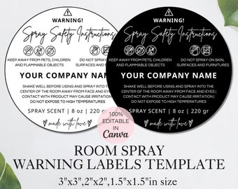Room Spray Warning Label, Printable Spray Safety Instructions Caution Labels, Editable Canva Template