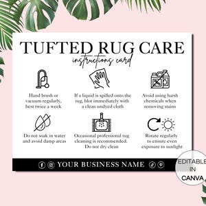 Puede incluir: Tarjeta de instrucciones de cuidado para una alfombra de pelo, en blanco y negro. La tarjeta incluye iconos para aspirar, limpiar derrames, eliminar manchas y rotar la alfombra. El texto dice "Tufted Rug Care Instructions Card".