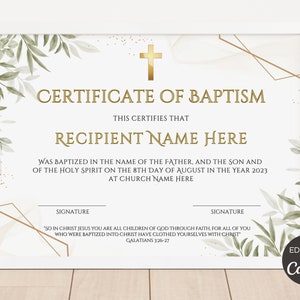 Plantilla de certificado de bautismo editable, certificado de bautismo imprimible, certificados de bautismo personalizados, recuerdo de bautizo de Canva. TDS-10