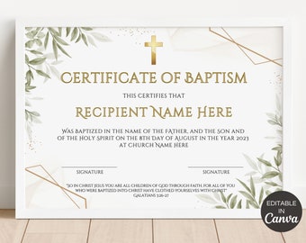 Baptism Certificate Template Editable, Printable Certificate Of Baptism, Custom Baptism Certificates, Canva Christening Keepsake. TDS-10