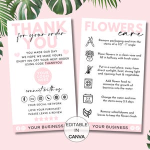 Modèle de carte d'entretien des fleurs, instructions d'entretien du bouquet modifiables, guide d'entretien des fleurs imprimable, modèle de toile de cartes d'entretien des fleurs Blooms
