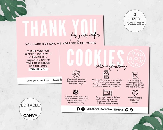Cookie Care Card Template Canva, Editable Cookie Package Care Instructions, Cookie Business Care Card Template, Printable Care Cards. TDS-05