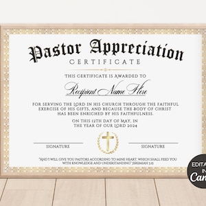 Pastor Appreciation Certificate, Editable Pastor Certificate of ...