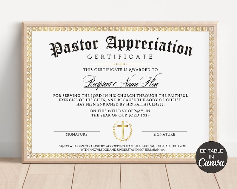 Pastor Appreciation Certificate, Editable Pastor Certificate of ...
