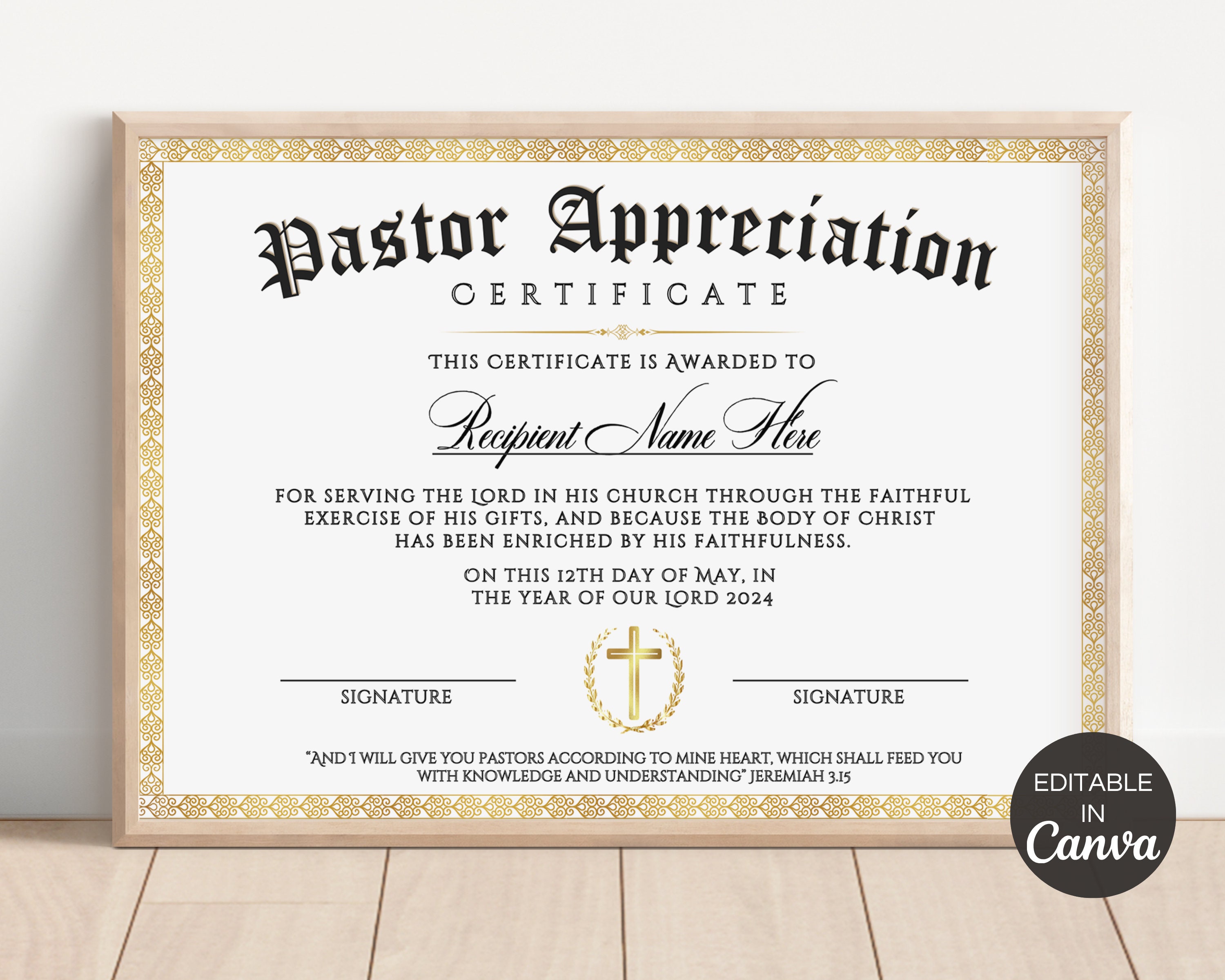 Pastor Appreciation Certificate, Editable Pastor Certificate of ...
