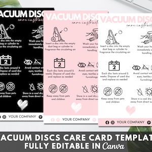 Editable Vacuum Scented Discs Care Card, Printable Vacuum Discs Care Instructions,Vacuum Fresheners Care Guide Canva Template. TDS-05