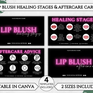 Plantilla de tarjetas de cuidado posterior del rubor de labios, tarjeta editable de etapas de curación del rubor de labios, tarjetas de salón de belleza imprimibles, tarjeta de cuidado del rubor de labios PMU. TDS-05