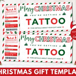 Boleto de tatuaje de Navidad, certificado de regalo de tatuaje editable, vale de tatuaje imprimible, plantilla Canva de tarjeta de regalo de tatuaje de Navidad, regalo de Navidad. TDS-13