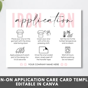 Iron-On Instructions Card, Editable Heat Transfer Vinyl Care Card, Printable HTV Application Guide, Vinyl Care Cards Canva Template. TDS-05 zdjęcie 1