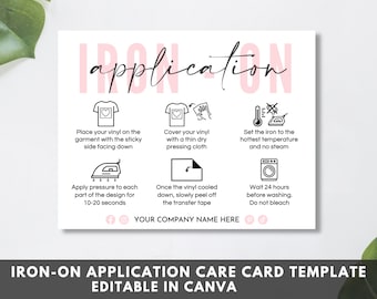 Iron-On Instructions Card, Printable Heat Transfer Vinyl Care Cards, HTV Application Editable Canva Template