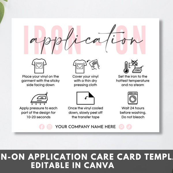 Iron-On Instructions Card, Editable Heat Transfer Vinyl Care Card, Printable HTV Application Guide, Vinyl Care Cards Canva Template. TDS-05