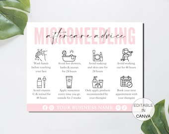 Tarjeta de cuidados posteriores a la microaguja, tarjetas editables de cuidados posteriores a la microaguja, plantilla imprimible para esteticista de salón de belleza facial