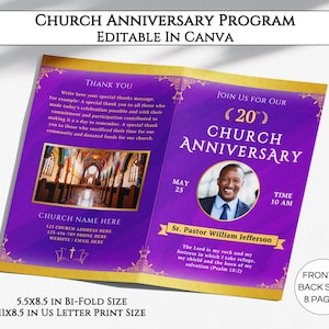 Church Anniversary Program Canva Template, Editable 8 Pages DIY Church Anniversary Bifold Brochure, Printable Church Bulletin Design. TDS-10