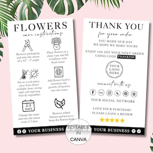 Modèle de carte d'entretien des fleurs, instructions d'entretien du bouquet modifiables, guide d'entretien des fleurs imprimable, modèle de toile de cartes d'entretien des fleurs Blooms