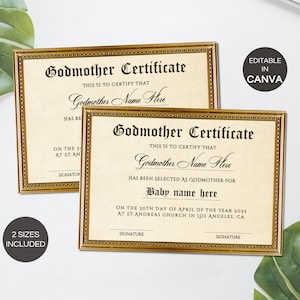 Certificado de madrina editable, Certificado de padrinos de recuerdo de bautismo imprimible, Plantilla Canva de certificado de regalo de madrina. TDS-10