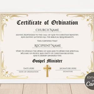 Wijdingscertificaatsjabloon, evangelieministeriecertificaatsjabloon, bewerkbaar certificaat van wijding, afdrukbare Canva-sjabloon. TDS-10