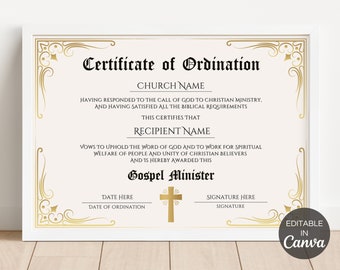 Certificado de ordenación, Certificados de ordenación para el ministerio evangélico imprimibles, Plantilla editable de Canva