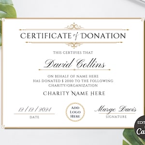 Plantilla de certificado de donación, certificado de donación editable, certificado de regalo de donación benéfica imprimible, plantilla Canva. TDS-10
