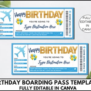 Modèle de carte d'embarquement d'anniversaire, faux billet d'avion modifiable, idées cadeaux d'anniversaire à imprimer, toile de joyeux anniversaire. FT-13