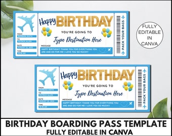 Plantilla de tarjeta de embarque de cumpleaños, billete de avión falso editable, ideas de regalos de cumpleaños imprimibles, canva de billete de avión de feliz cumpleaños. TDS-13
