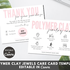 Polymer Clay Jewels Care Card, Editable Polymer Clay Jewelry Care Instructions, Printable Jewelry Small Business Thank You Cards. TDS-05