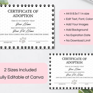 Editable Certificate Of Adoption Template, Printable Pet Adoption Party Certificate Template, Gotcha Day Certificate, Canva Template. TDS-09 image 2
