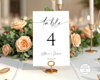 Minimalist Wedding Table Numbers Sign, Printable Modern Table Number Card, Editable Canva Template