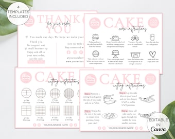 Cake Care Cards Bundle, Editable Cake Cutting Guide, Printable Bakery Business Packaging, Canva Template