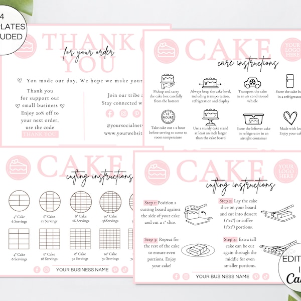 Cake Care Cards Bundle, Editable Cake Cutting Guide Cards, Printable Cake Business Thank You, Cake Business Packaging Canva Template. TDS-05