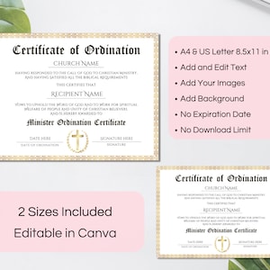 Op de afbeelding: Bewerkbare certificaat van ordeningssjabloon in Canva. Het certificaat heeft een gouden rand en een kruis met een gouden achtergrond. De tekst luidt "Certificaat van ordening" en bevat de woorden "Kerknaam", "Naam van de ontvanger", "Datum van de ordening" en "Handtekening".